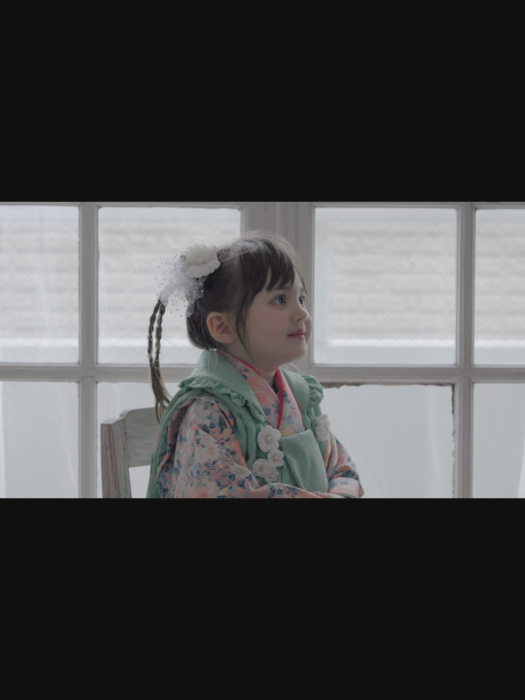 七五三　３歳女の子　被布着物レンタル　ミント色の被布にピンクの着物