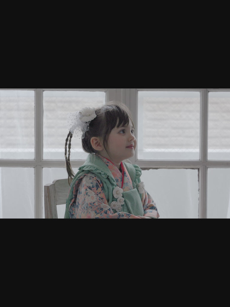 七五三　３歳女の子　被布着物レンタル　ミント色の被布にピンクの着物