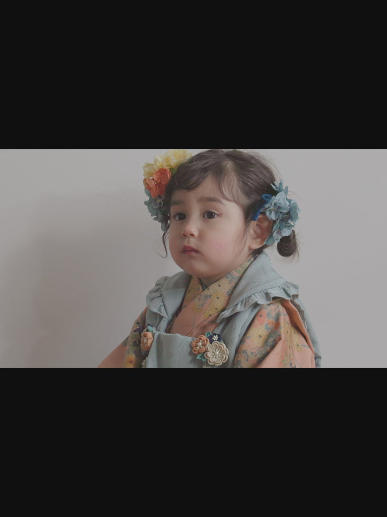 七五三　３歳女の子　被布着物レンタル　水色の被布にピンクの着物