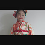 七五三　７歳女の子　着物レンタル　花柄楓柄オレンジ色の着物