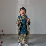 七五三レンタル着物　３歳男の子　ブルー　ベージュ　全身　被布