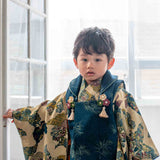 七五三レンタル着物　３歳男の子　ブルー　ベージュ　上半身　被布